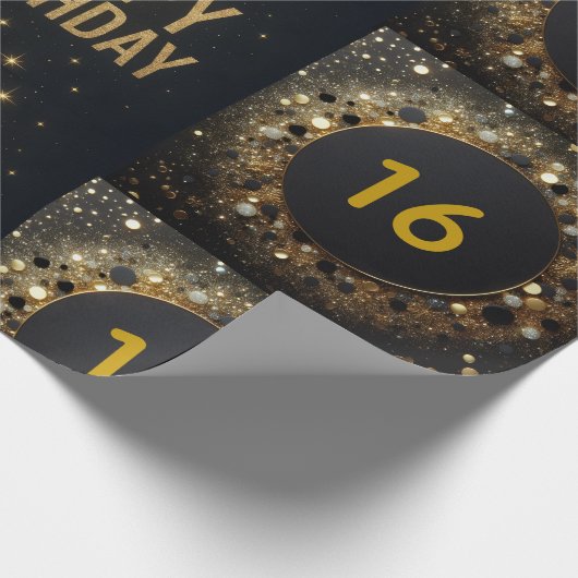 Zwarte en Gouden Sparkle Ballon Happy Birthday Cadeaupapier (Hoek)