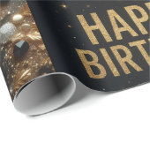 Zwarte en Gouden Sparkle Ballon Happy Birthday Cadeaupapier (Rol Hoek)