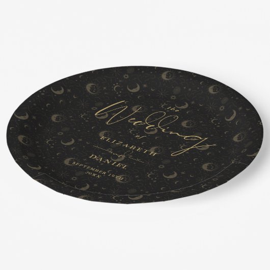 Zwarte en gouden sterren en manen bruiloft papieren bordje (Gekanteld)