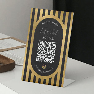 Zwarte en gouden strepen sociale media QR-code Reclamebord Met Voetstuk