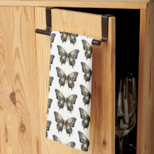 Zwarte en Gouden Vlinder Witte Patroon Halloween Theedoek