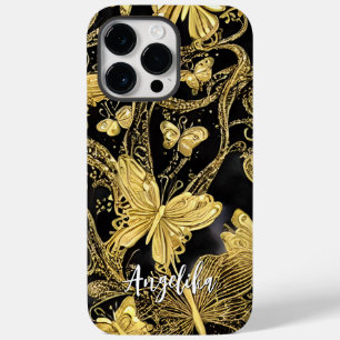 Zwarte en Gouden Vlinders Persoonlijke Naam Case-Mate iPhone 14 Pro Max Hoesje