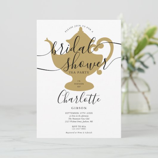 Zwarte en gouden Vrijgezellenfeest Tea Party Kaart (Staand voorkant)