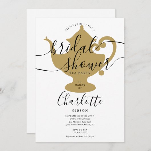 Zwarte en gouden Vrijgezellenfeest Tea Party Kaart (Voorkant / Achterkant)