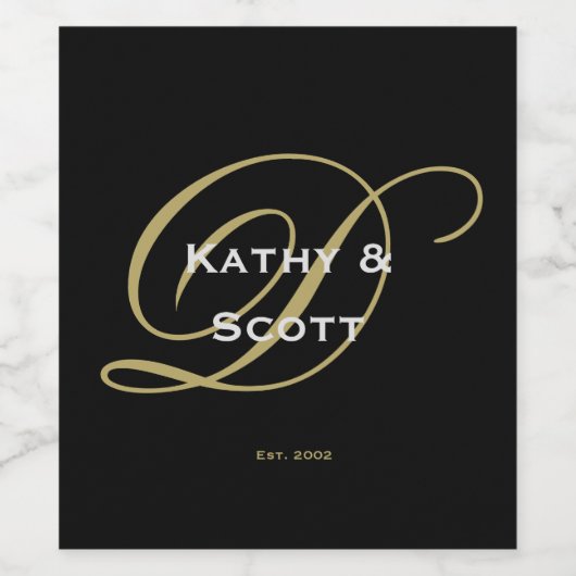 Zwarte en gouden wijnlabel met aangepast monogram wijn etiket (Enkel label)