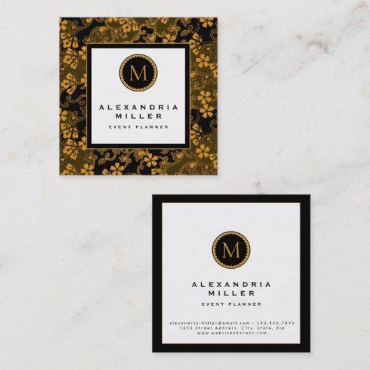 Zwarte en goudflesjes | Monogram Medallion Vierkante Visitekaartje (Voorkant / Achterkant)