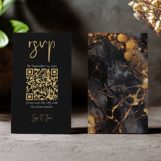 Zwarte en goudmarmer, QR-code bruiloft RSVP Informatiekaartje