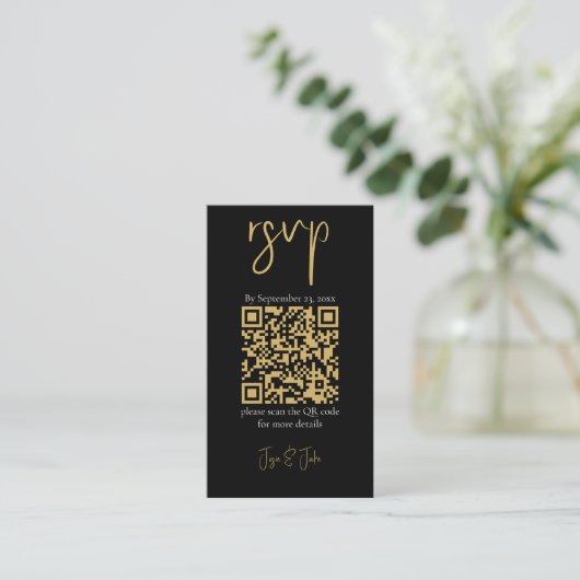 Zwarte en goudmarmer, QR-code bruiloft RSVP Informatiekaartje (Staand voorkant)