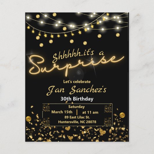 Zwarte en goudverrassing uitnodiging QRcode Flyer (Voorkant)