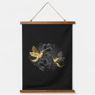Zwarte en goudvogel hangend wandkleed
