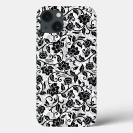 Zwarte en grijze wervelende bloemen iPhone 13 hoesje