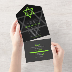 Zwarte en groene balk Mitzvah RSVP All In One Uitnodiging