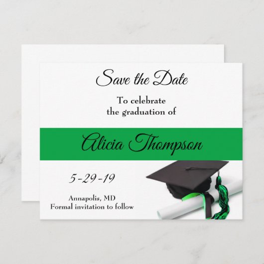 Zwarte en groene stuifmep en tassel save the date (Voorkant / Achterkant)