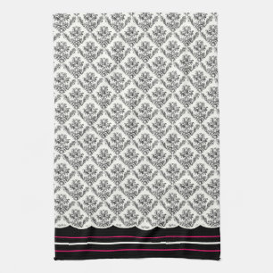 Zwarte en ivory Damask Ontworpen keukenhanddoek