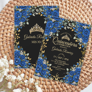 Zwarte en Koninklijk Blauwe Rozen Gouden Quinceañe Kaart