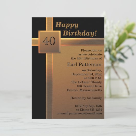 Zwarte en koperen 40e verjaardag uitnodiging (Staand voorkant)