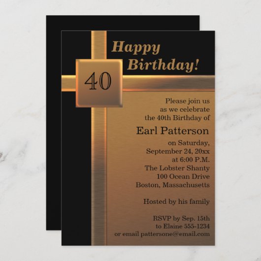 Zwarte en koperen 40e verjaardag uitnodiging (Voorkant / Achterkant)
