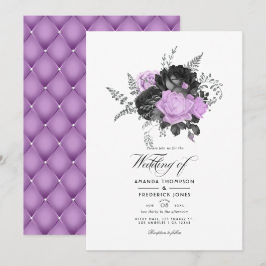 Zwarte en Lila Floral Wedding Kaart (Voorkant / Achterkant)