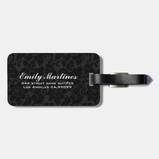 Zwarte en metalen zilverkleurige Floral Damaskers Bagagelabel (Achterkant horizontaal)