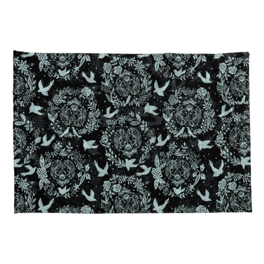 Zwarte en Mint Green Floral en vogels Kussensloop (Achterkant-Rechts)