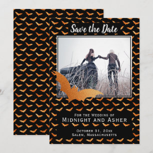 Zwarte en Oranje Folie Bat Halloween Wedding Save The Date