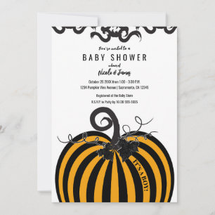 Zwarte en oranje gestreepte pompoen babyshower voo kaart