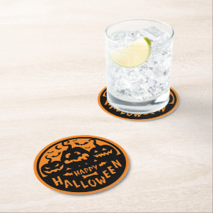 Zwarte en Oranje Happy Halloween Ronde Kartonnen Onderzetter
