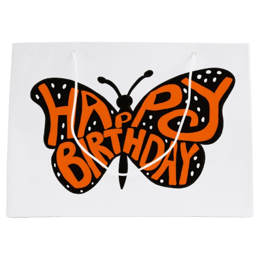 Zwarte en Oranje Monarch Boterfly Happy Birthday Groot Cadeauzakje (Voorkant)