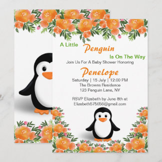 Zwarte en oranje pinguïn | Oranje & groene bloemen Kaart