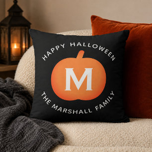 Zwarte en oranje pompoen monogram Halloween Kussen