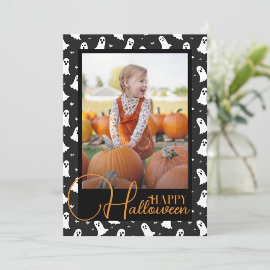 Zwarte en Oranje spookachtige Halloween Custom Pho Feestdagenkaart (Staand voorkant)
