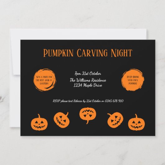Zwarte en oranje uitnodiging voor pompoensnijden a (Voorkant)