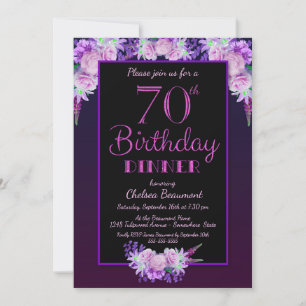 Zwarte en Paarse Floral 70th Birthday Dinner Party Kaart