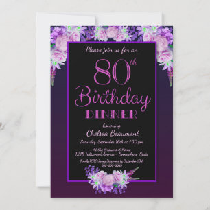 Zwarte en Paarse Floral 80th Birthday Dinner Party Kaart