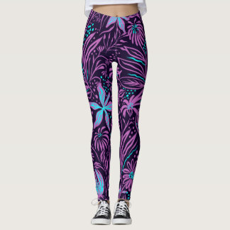 Zwarte en Paarse Floral Leggings