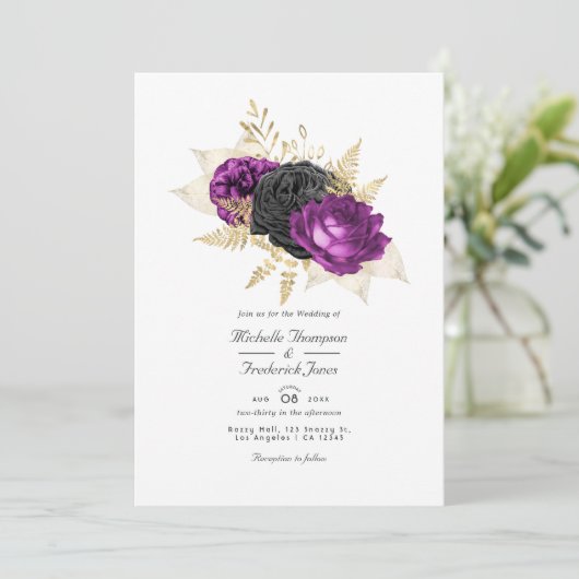 Zwarte en Paarse  Floral QR Code Weddenschap Kaart (Staand voorkant)