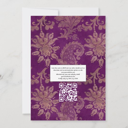 Zwarte en Paarse  Floral QR Code Weddenschap Kaart (Achterkant)