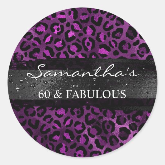 Zwarte en Paarse Folie Leopard 60 & Fabulous Ronde Sticker (Voorkant)