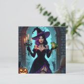 Zwarte en Paarse heks en kikker Halloween Party Kaart (Staand voorkant)