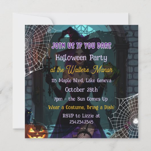 Zwarte en Paarse heks en kikker Halloween Party Kaart (Achterkant)