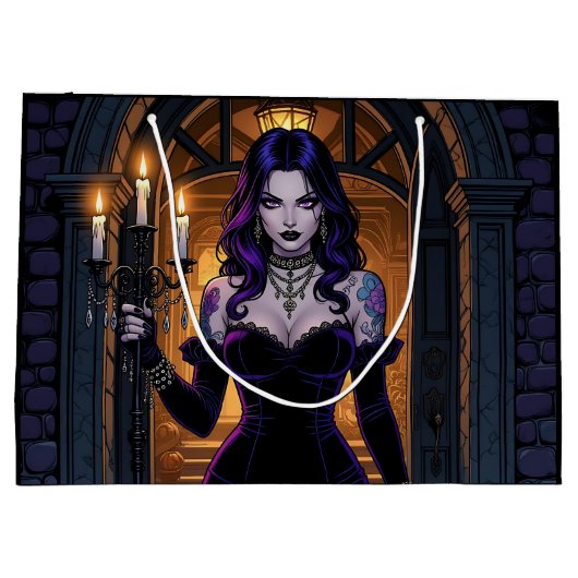 Zwarte en Paarse heks met Candelabra Halloween Groot Cadeauzakje (Achterkant)