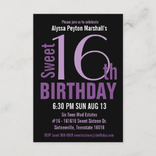 Zwarte en Paarse moderne tekst - zoet 16de partij Kaart