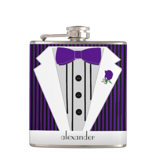 Zwarte en Paarse pin Stripe Tuxedo- Heupfles (Voorkant)