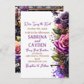 Zwarte en Paarse Rozen Steampunk Gothic Wedding Kaart (Voorkant / Achterkant)