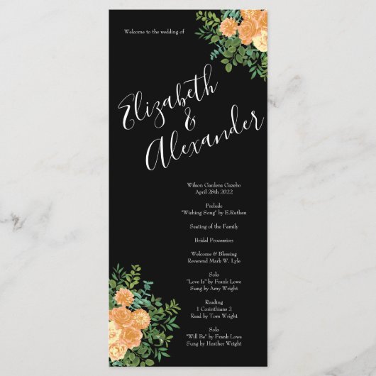 Zwarte en Peach Wedding Modern Floral Menu (Voorkant)