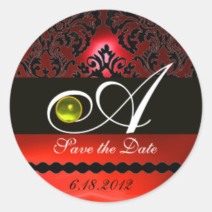 ZWARTE EN RODE DAMASKMONOGRAM, geel Topaz Ronde Sticker