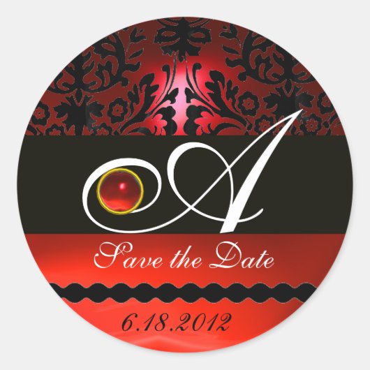 ZWARTE EN RODE DAMASKMONOGRAM, ruby Ronde Sticker (Voorkant)