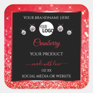 Zwarte en rode glitter-productlabels Logo diamante Vierkante Sticker