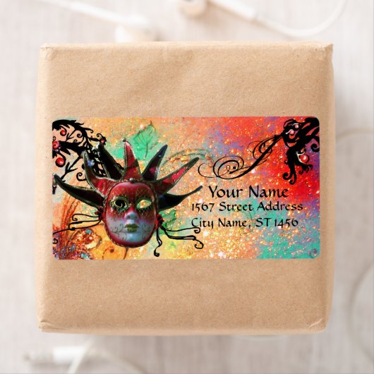 ZWARTE EN RODE JESTER MASK, Masquerade Party green Etiket (Insitu)
