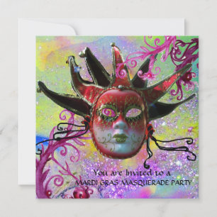 ZWARTE EN RODE JESTER MASK , Masquerade Party Kaart